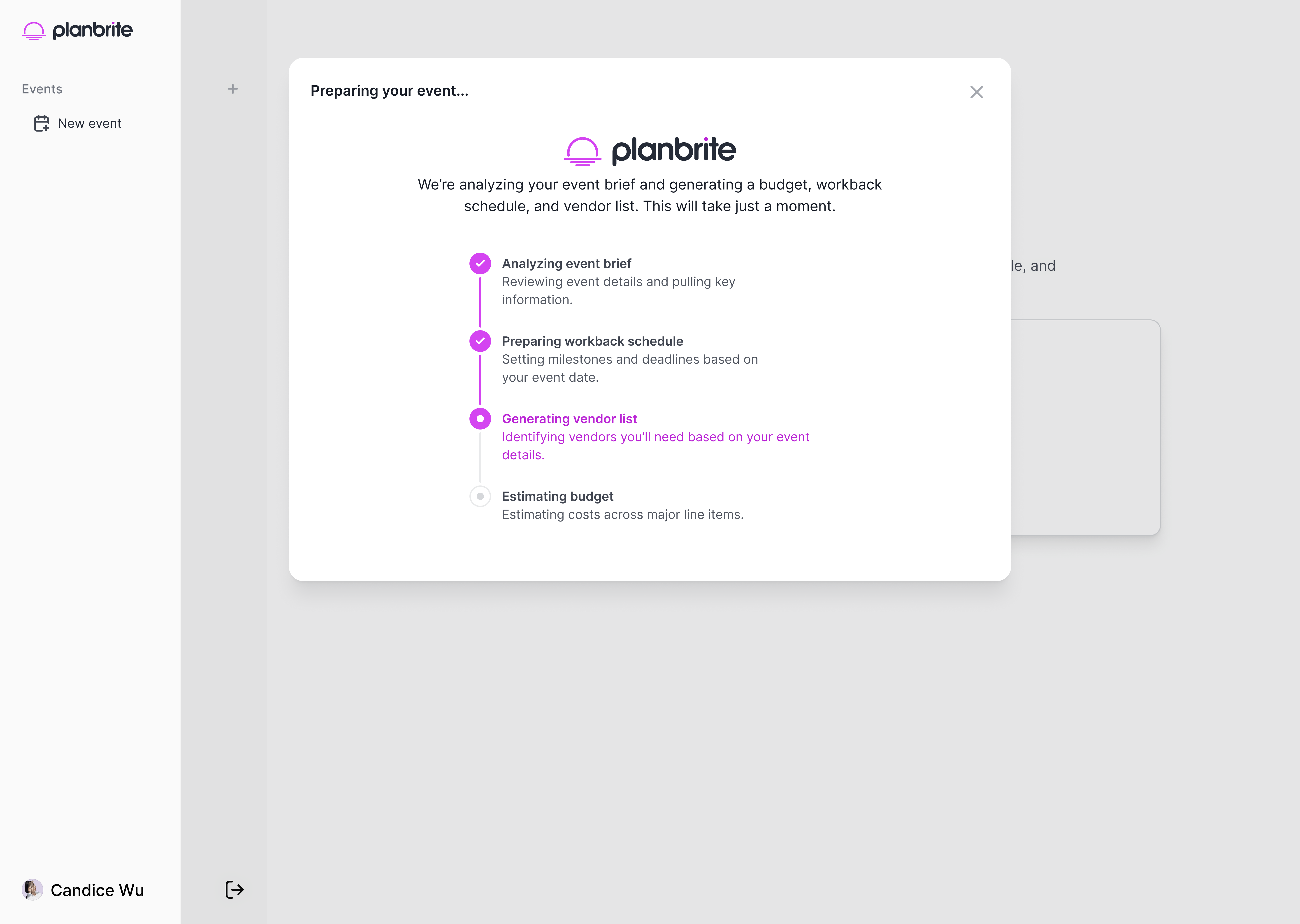 PlanBrite loading screen showing event preparation process