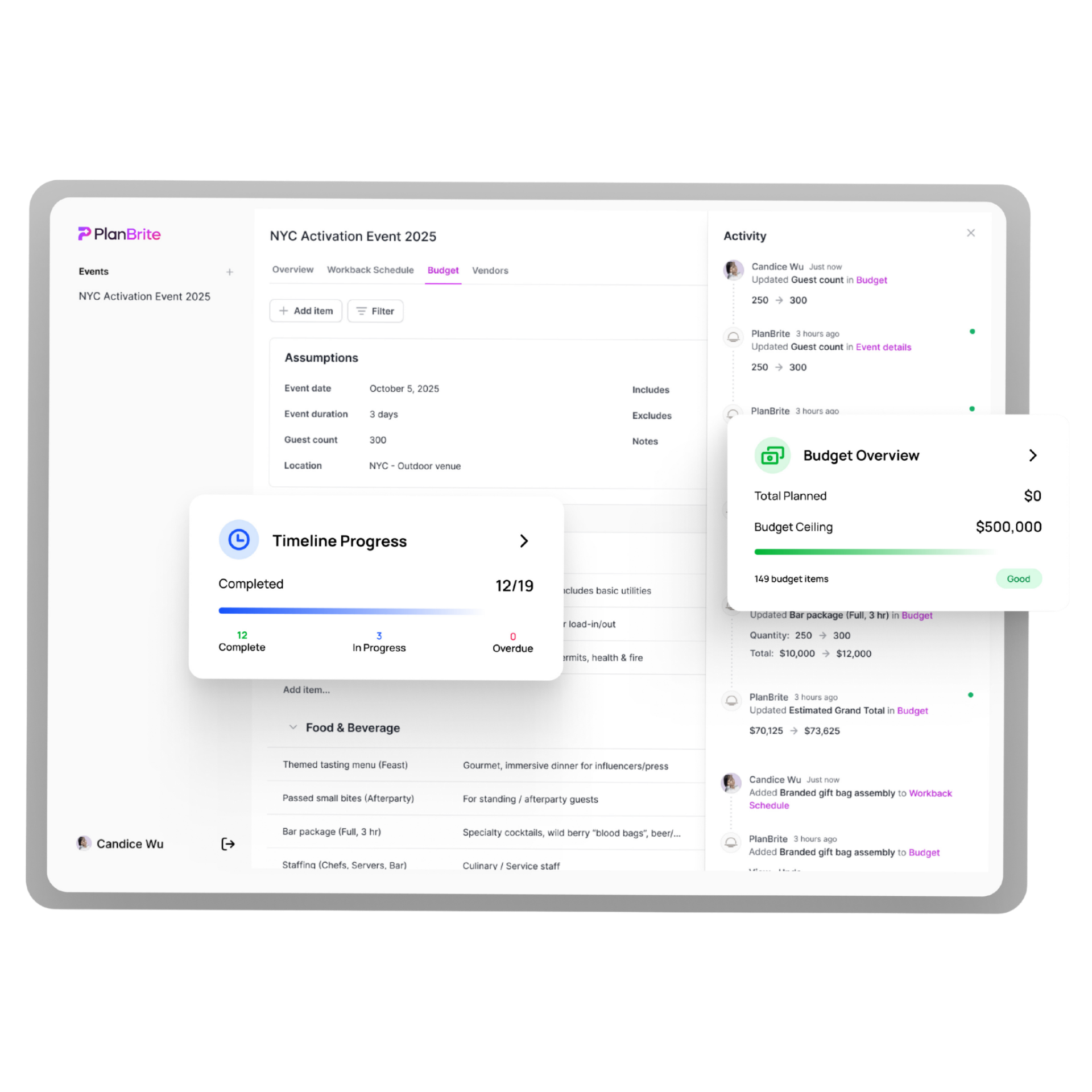 PlanBrite event management dashboard showing budget, timeline, and activity tracking