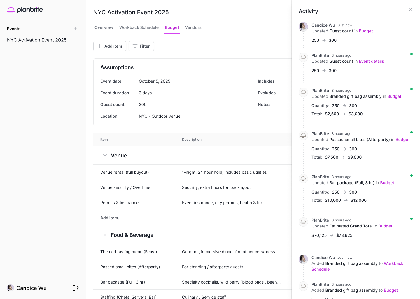 PlanBrite sync feature showing automatic updates across budget items